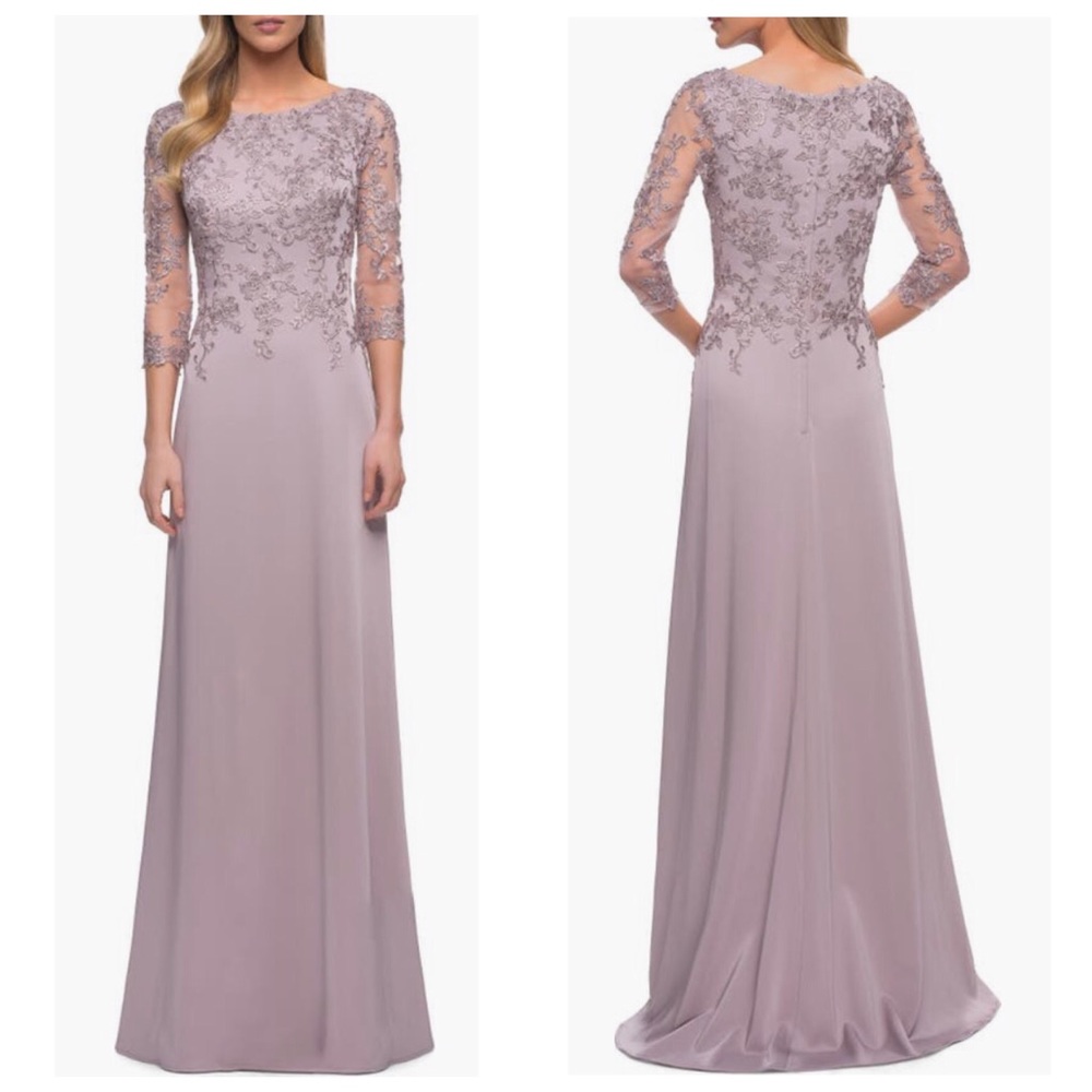 NWT La Femme Floral Appliqué Jersey Column Dress Light Mauve Size 12